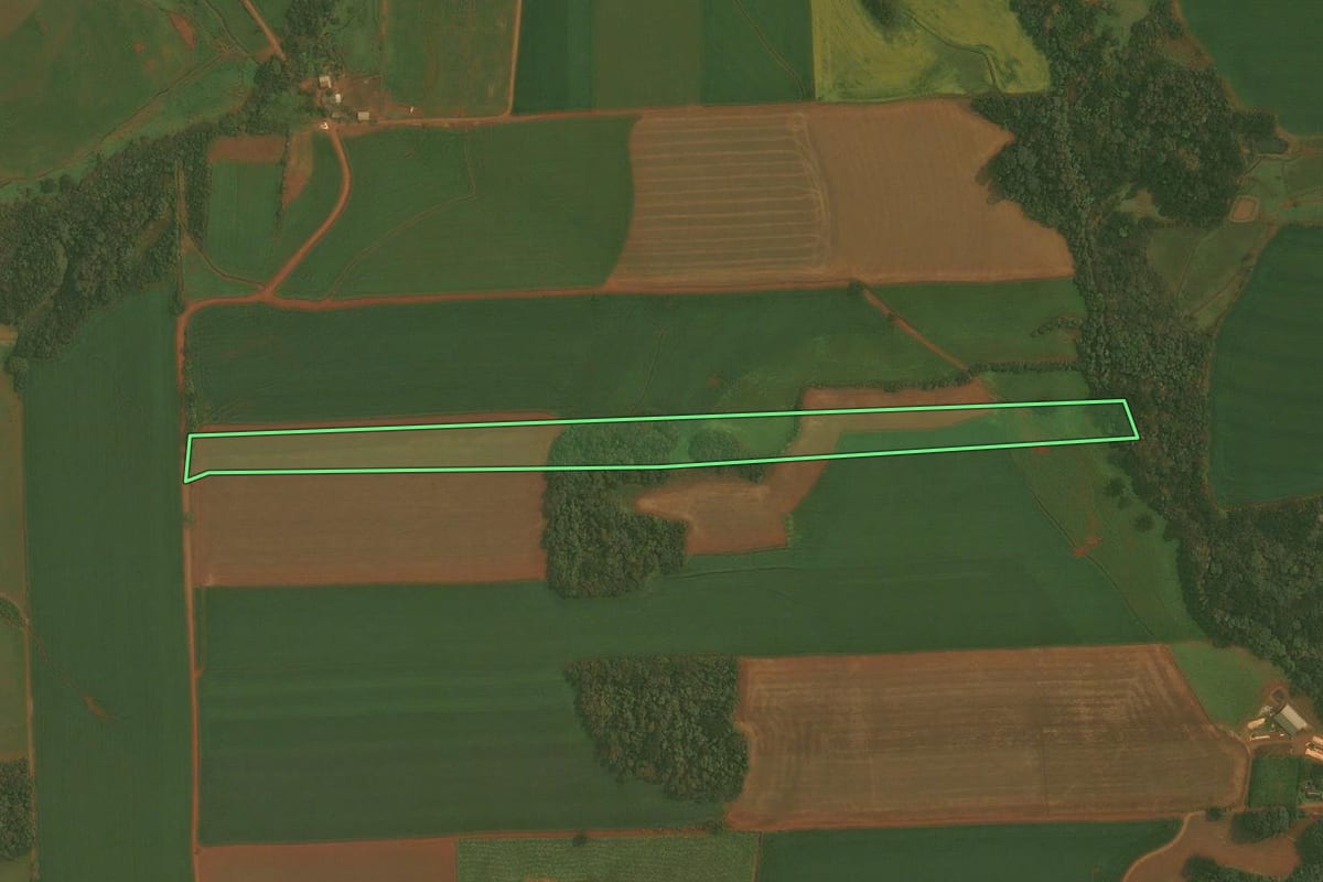 Imagem de satélite do imóvel rural em Quinze de Novembro (RS), com o contorno declarado no CAR desenhado por cima.