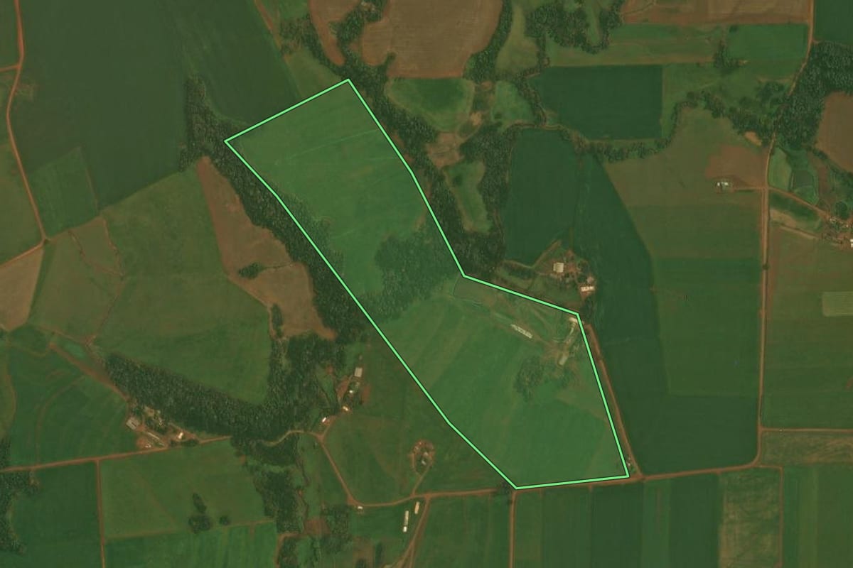 Imagem de satélite do imóvel rural em Quinze de Novembro (RS), com o contorno declarado no CAR desenhado por cima.