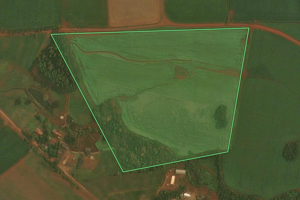 Imagem de satélite do imóvel rural em Quinze de Novembro (RS), com o contorno declarado no CAR desenhado por cima.