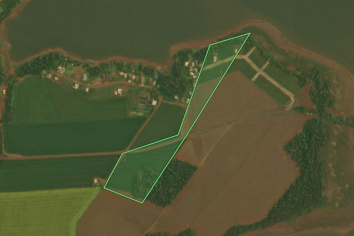Imagem de satélite do imóvel rural em Quinze de Novembro (RS), com o contorno declarado no CAR desenhado por cima.
