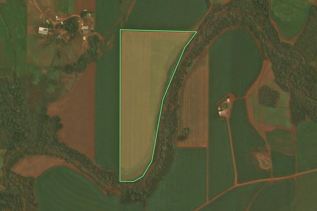 Imagem de satélite do imóvel rural em Quinze de Novembro (RS), com o contorno declarado no CAR desenhado por cima.