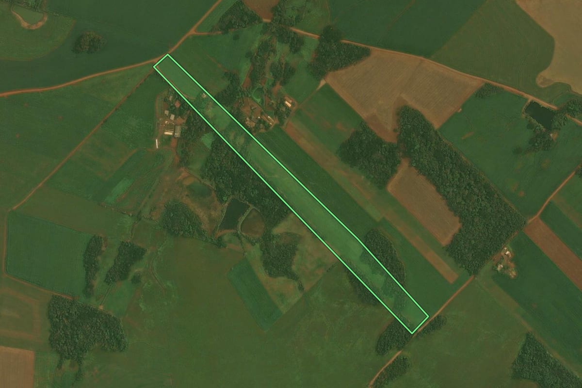Imagem de satélite do imóvel rural em Quinze de Novembro (RS), com o contorno declarado no CAR desenhado por cima.