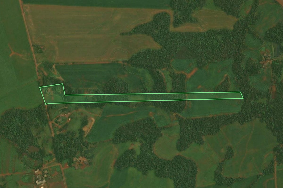 Imagem de satélite do imóvel rural em Quinze de Novembro (RS), com o contorno declarado no CAR desenhado por cima.