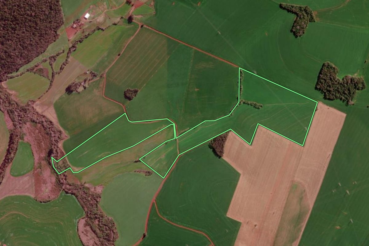 Imagem de satélite do imóvel rural em Redentora (RS), com o contorno declarado no CAR desenhado por cima.