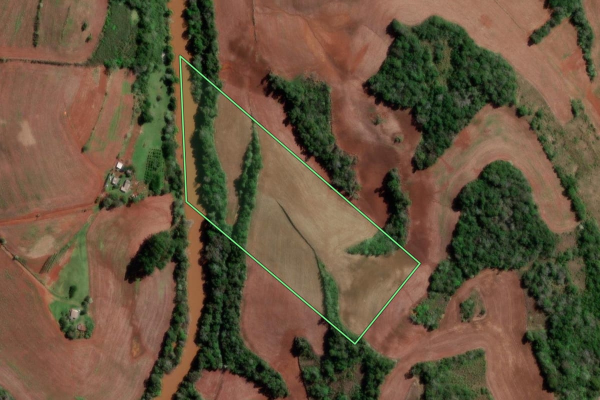 Imagem de satélite do imóvel rural em Redentora (RS), com o contorno declarado no CAR desenhado por cima.
