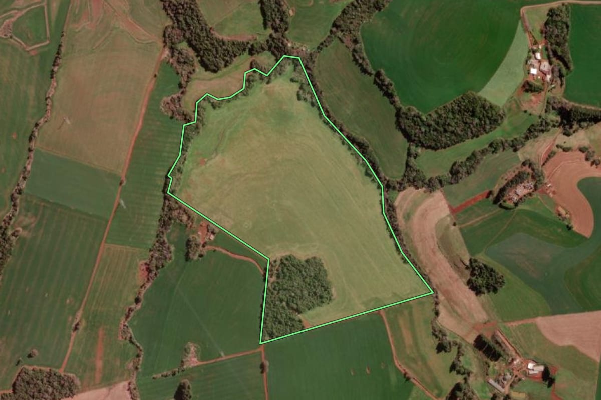 Imagem de satélite do imóvel rural em Redentora (RS), com o contorno declarado no CAR desenhado por cima.