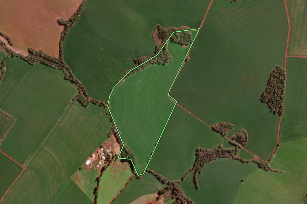 Imagem de satélite do imóvel rural em Redentora (RS), com o contorno declarado no CAR desenhado por cima.