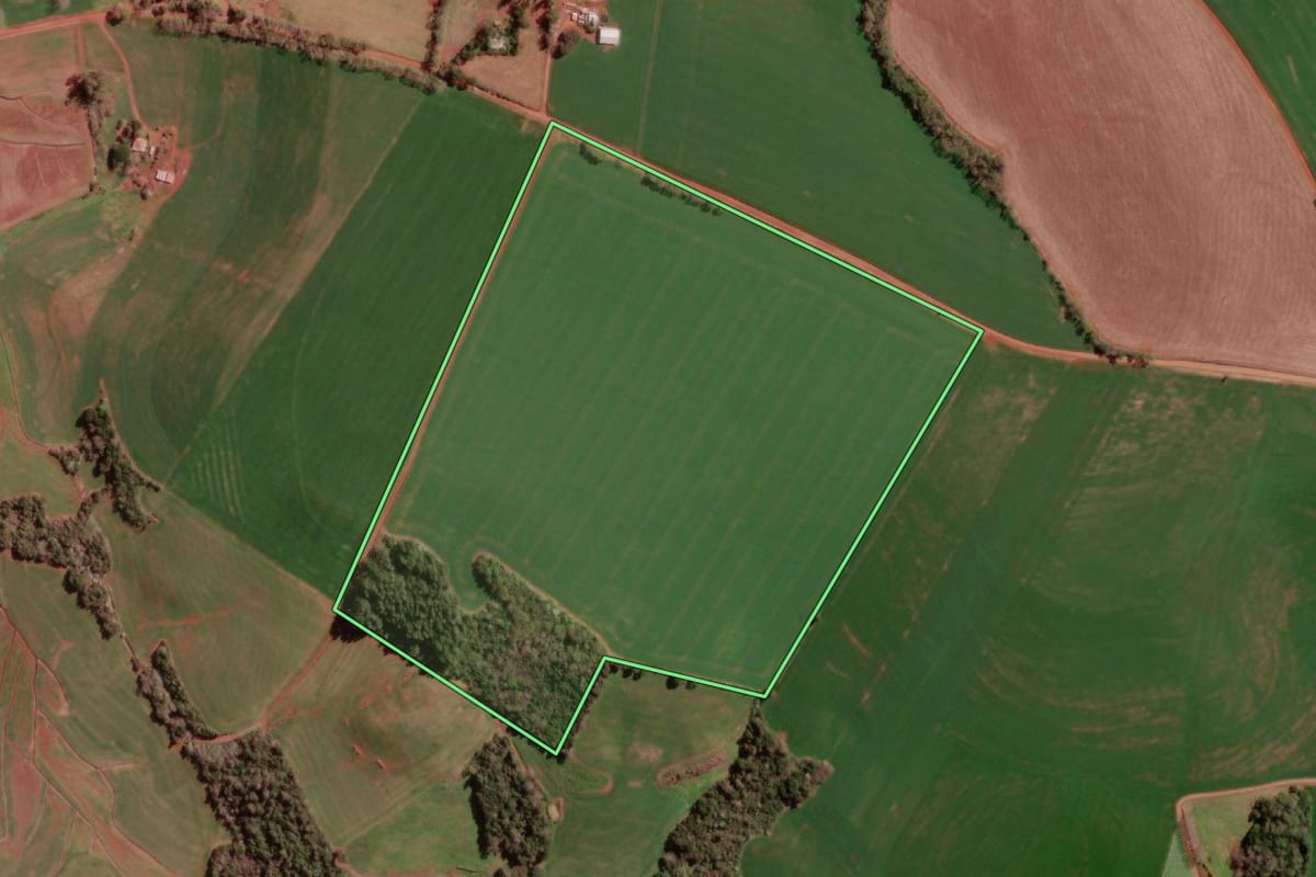 Imagem de satélite do imóvel rural em Redentora (RS), com o contorno declarado no CAR desenhado por cima.
