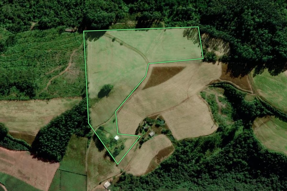 Imagem de satélite do imóvel rural em Relvado (RS), com o contorno declarado no CAR desenhado por cima.