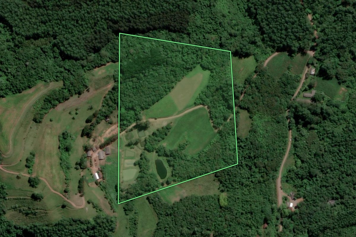 Imagem de satélite do imóvel rural em Relvado (RS), com o contorno declarado no CAR desenhado por cima.