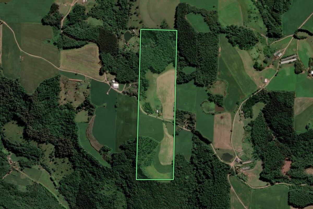 Imagem de satélite do imóvel rural em Relvado (RS), com o contorno declarado no CAR desenhado por cima.