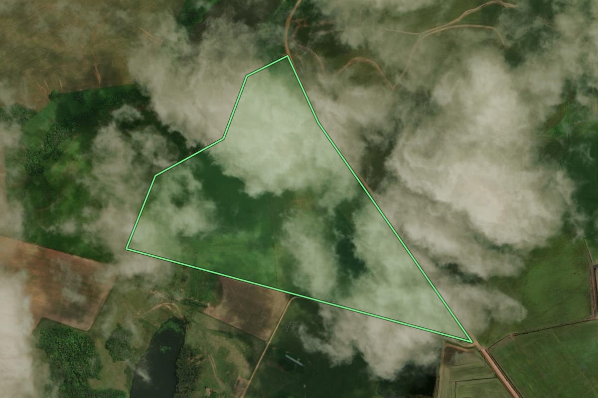 Imagem de satélite do imóvel rural em Restinga Sêca (RS), com o contorno declarado no CAR desenhado por cima.