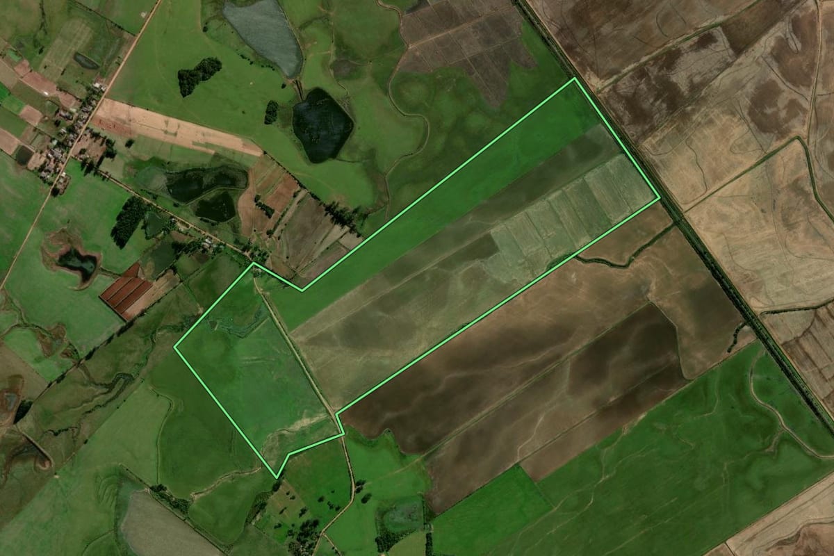 Imagem de satélite do imóvel rural em Restinga Sêca (RS), com o contorno declarado no CAR desenhado por cima.