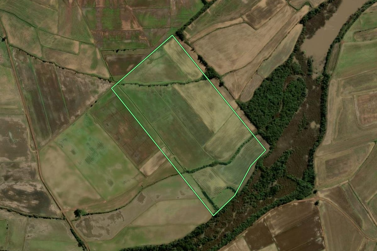 Imagem de satélite do imóvel rural em Restinga Sêca (RS), com o contorno declarado no CAR desenhado por cima.