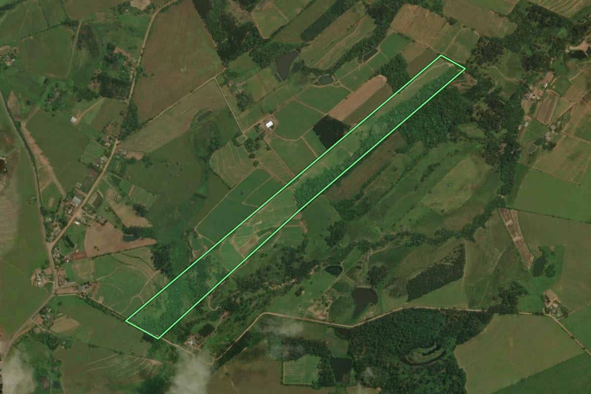Imagem de satélite do imóvel rural em Restinga Sêca (RS), com o contorno declarado no CAR desenhado por cima.
