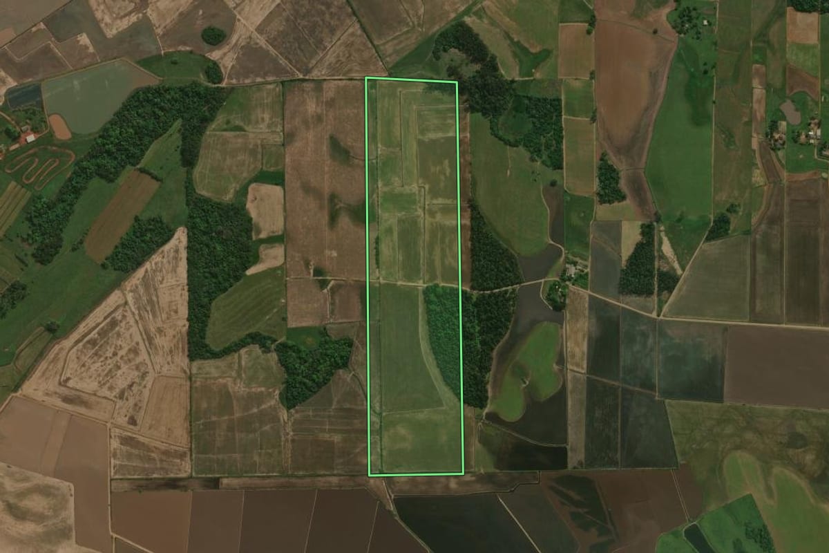Imagem de satélite do imóvel rural em Restinga Sêca (RS), com o contorno declarado no CAR desenhado por cima.