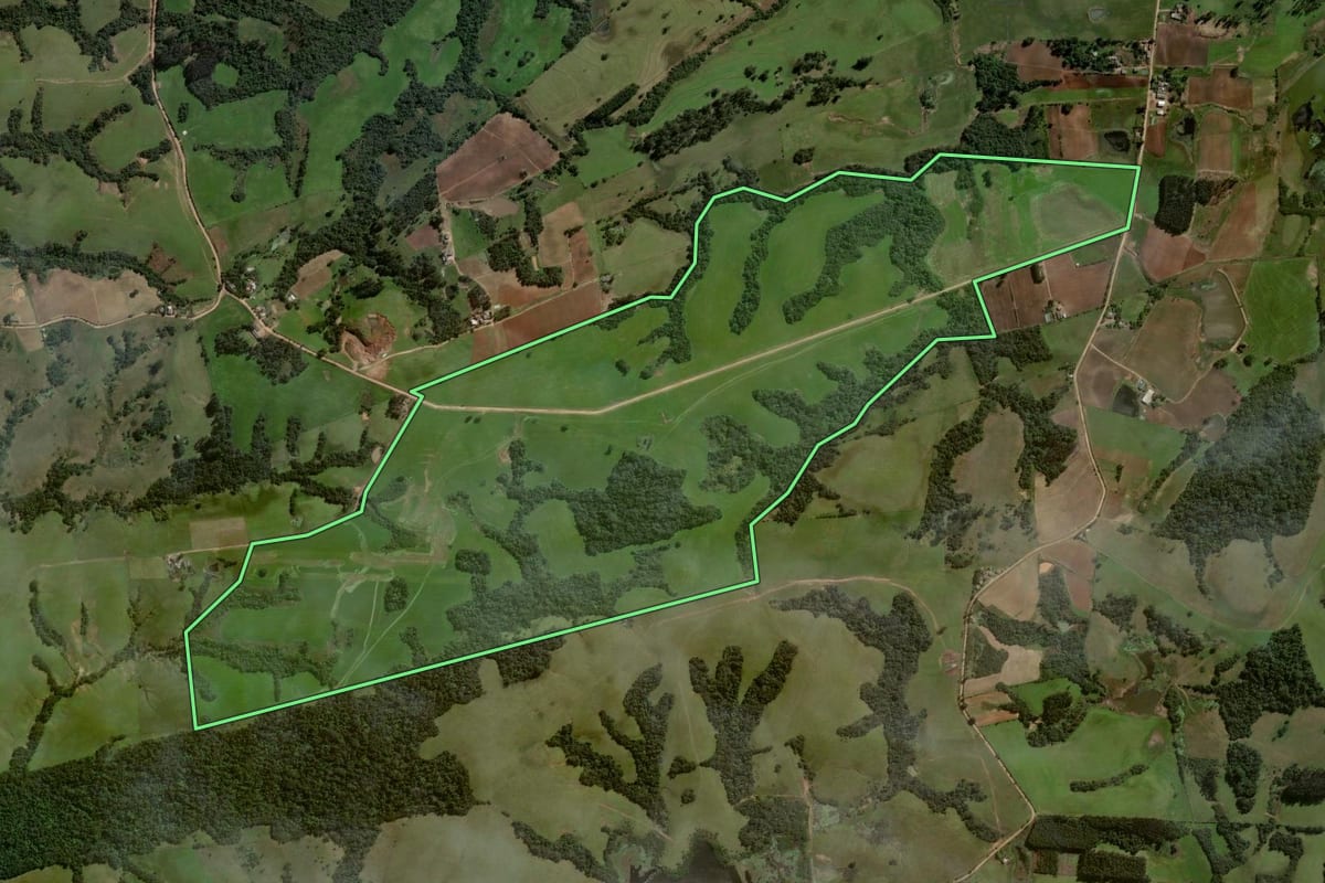 Imagem de satélite do imóvel rural em Restinga Sêca (RS), com o contorno declarado no CAR desenhado por cima.