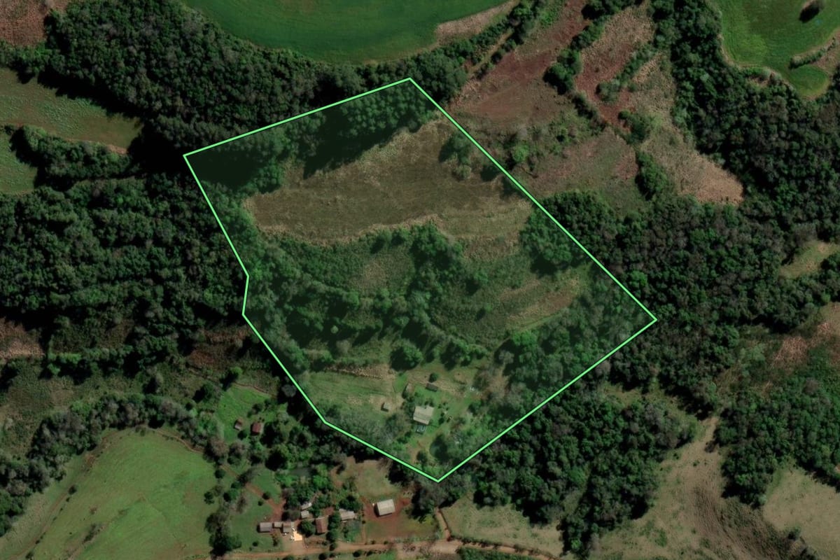 Imagem de satélite do imóvel rural em Rio dos Índios (RS), com o contorno declarado no CAR desenhado por cima.