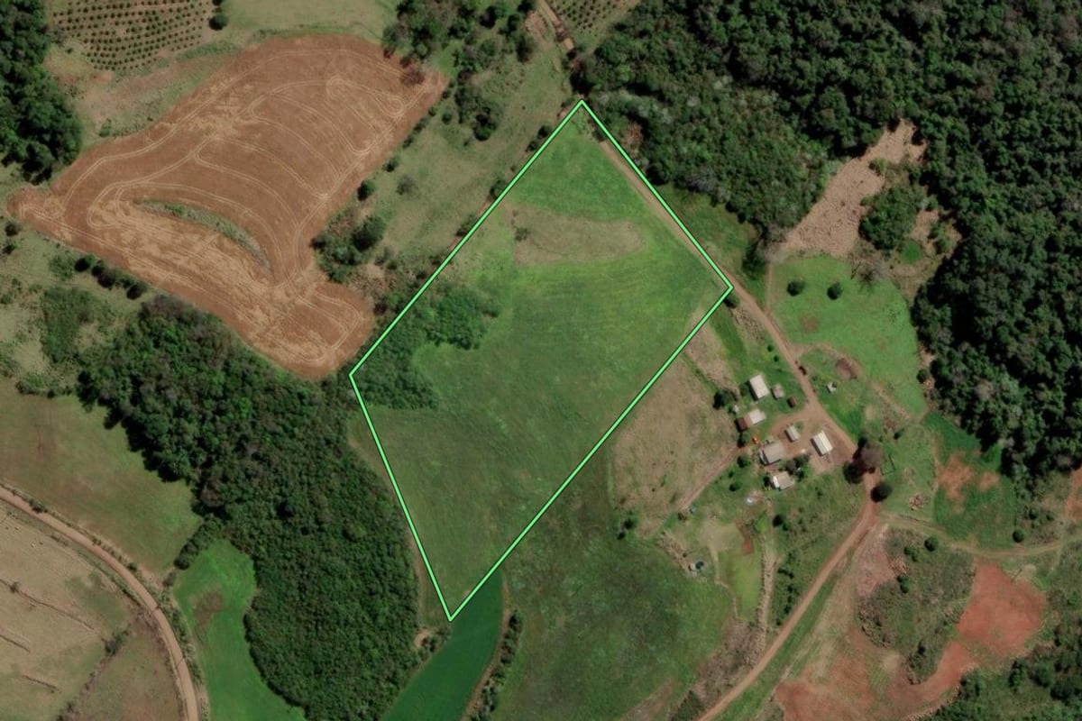 Imagem de satélite do imóvel rural em Rio dos Índios (RS), com o contorno declarado no CAR desenhado por cima.