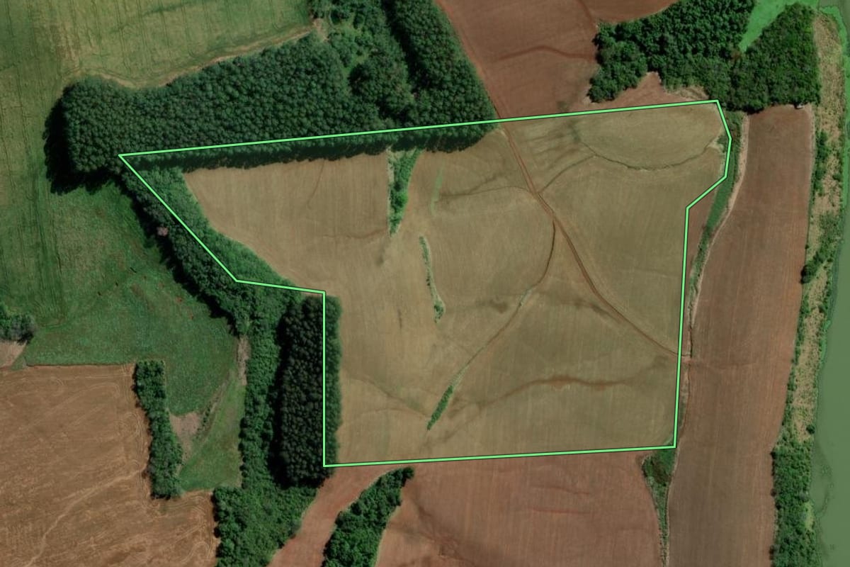 Imagem de satélite do imóvel rural em Rio dos Índios (RS), com o contorno declarado no CAR desenhado por cima.