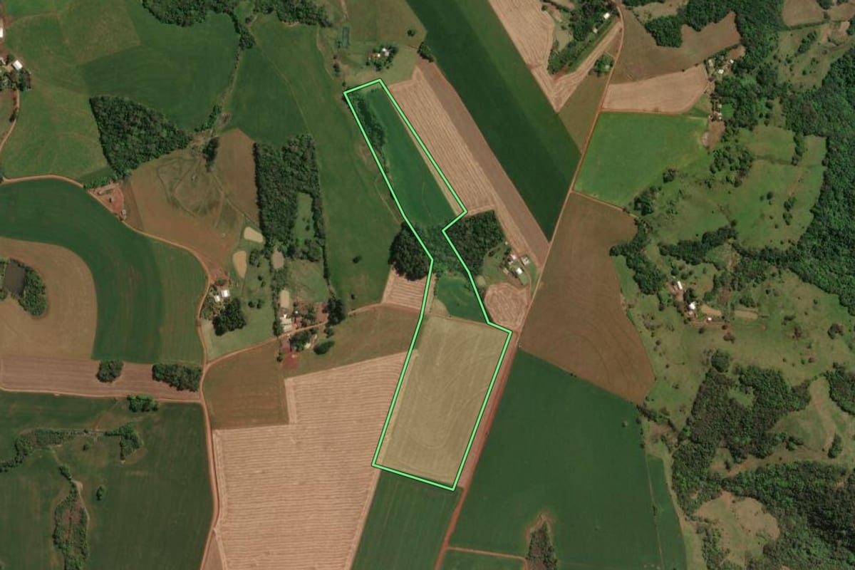 Imagem de satélite do imóvel rural em Rio dos Índios (RS), com o contorno declarado no CAR desenhado por cima.
