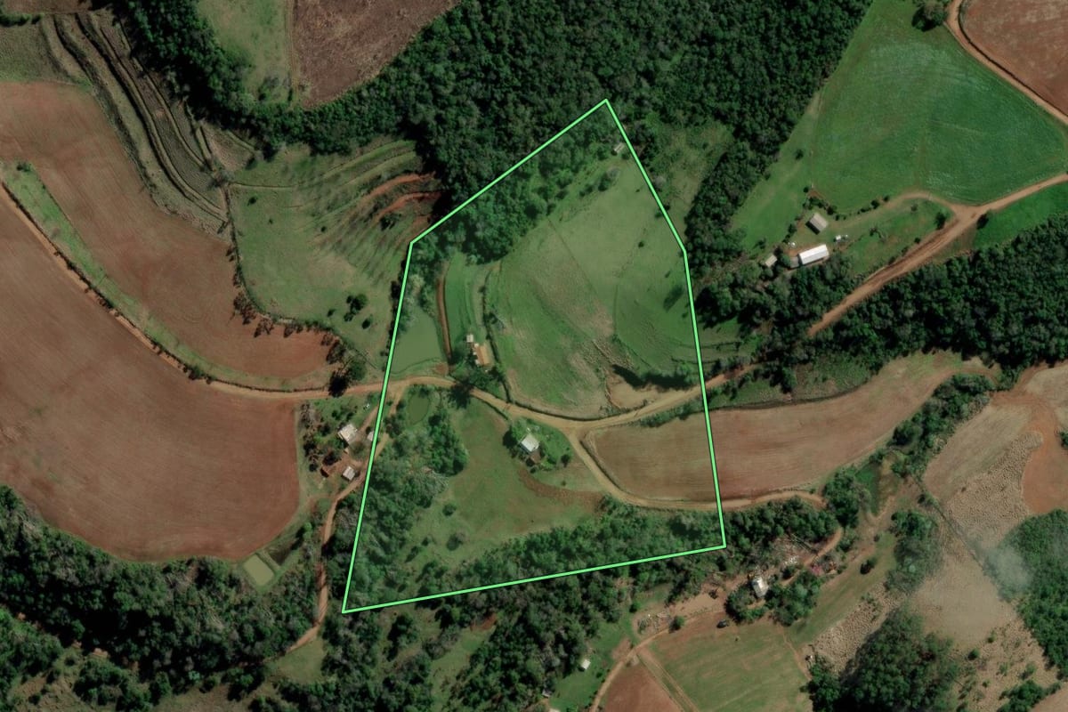 Imagem de satélite do imóvel rural em Rio dos Índios (RS), com o contorno declarado no CAR desenhado por cima.