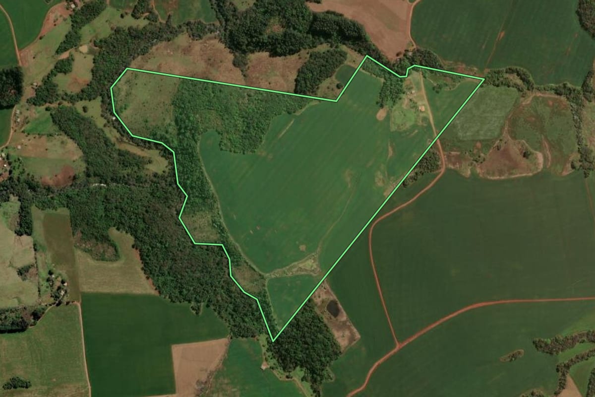 Imagem de satélite do imóvel rural em Rio dos Índios (RS), com o contorno declarado no CAR desenhado por cima.