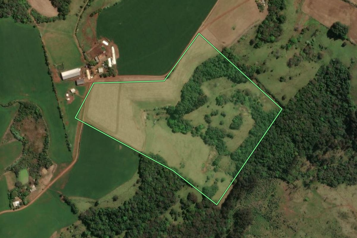 Imagem de satélite do imóvel rural em Rio dos Índios (RS), com o contorno declarado no CAR desenhado por cima.