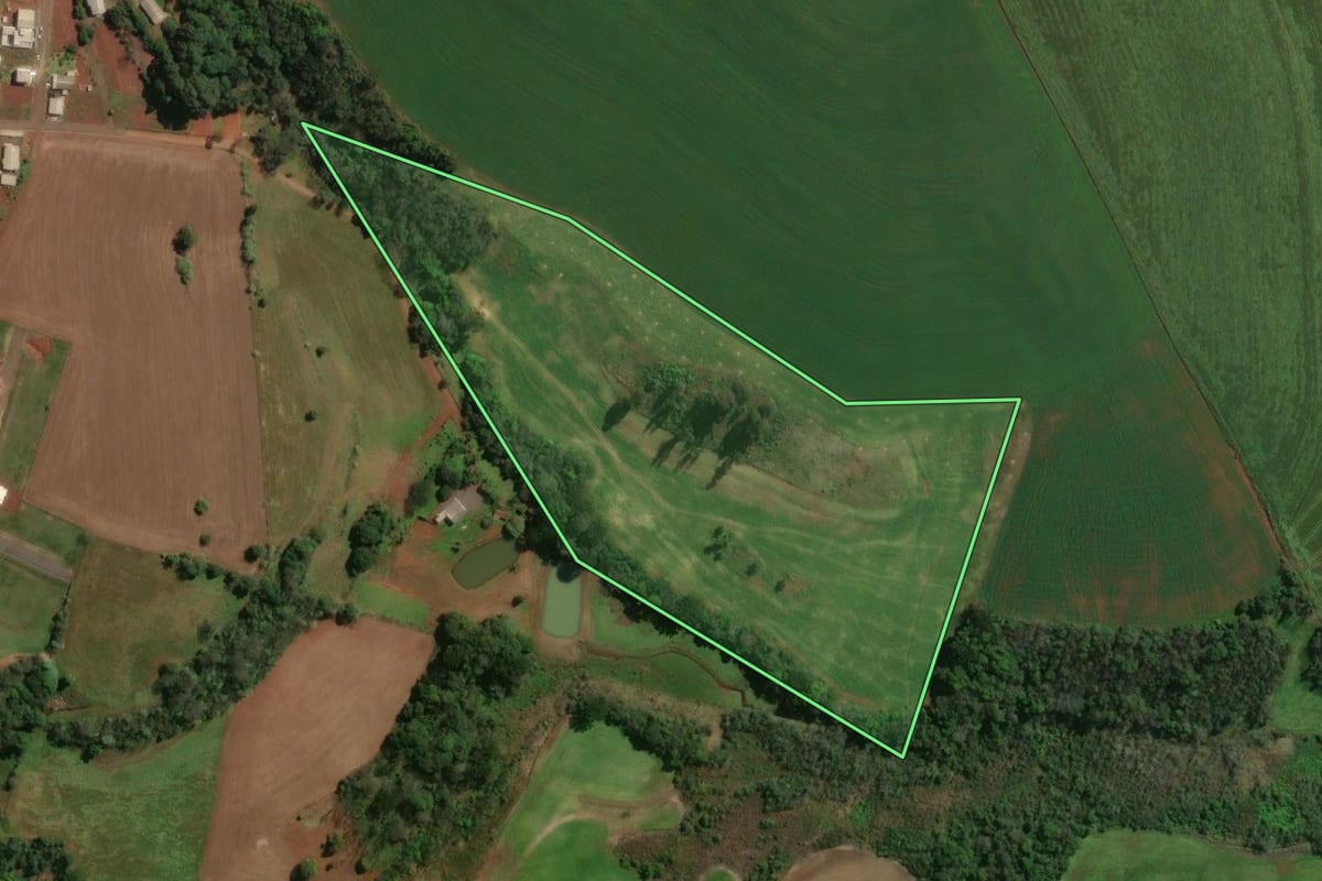 Imagem de satélite do imóvel rural em Rio dos Índios (RS), com o contorno declarado no CAR desenhado por cima.