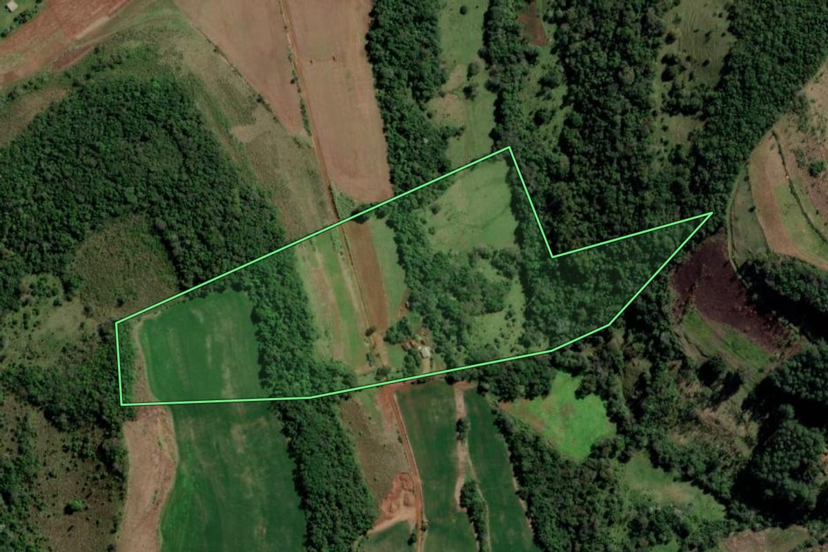 Imagem de satélite do imóvel rural em Rio dos Índios (RS), com o contorno declarado no CAR desenhado por cima.