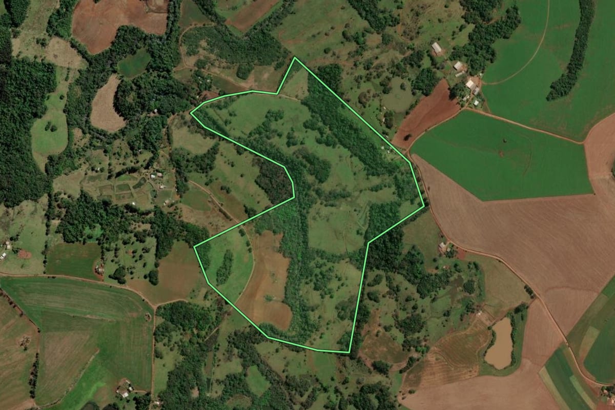 Imagem de satélite do imóvel rural em Rio dos Índios (RS), com o contorno declarado no CAR desenhado por cima.