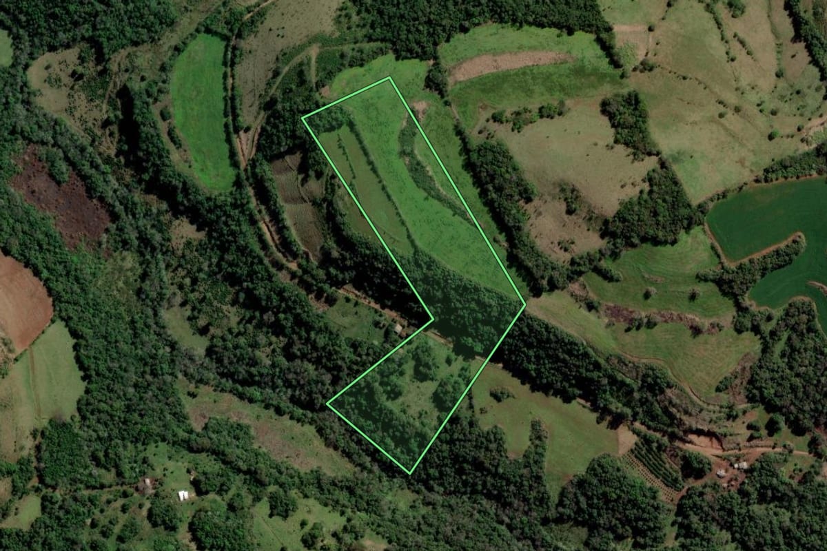 Imagem de satélite do imóvel rural em Rio dos Índios (RS), com o contorno declarado no CAR desenhado por cima.