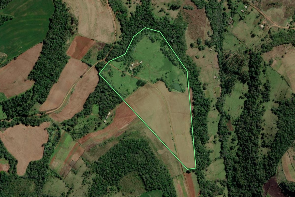 Imagem de satélite do imóvel rural em Rio dos Índios (RS), com o contorno declarado no CAR desenhado por cima.
