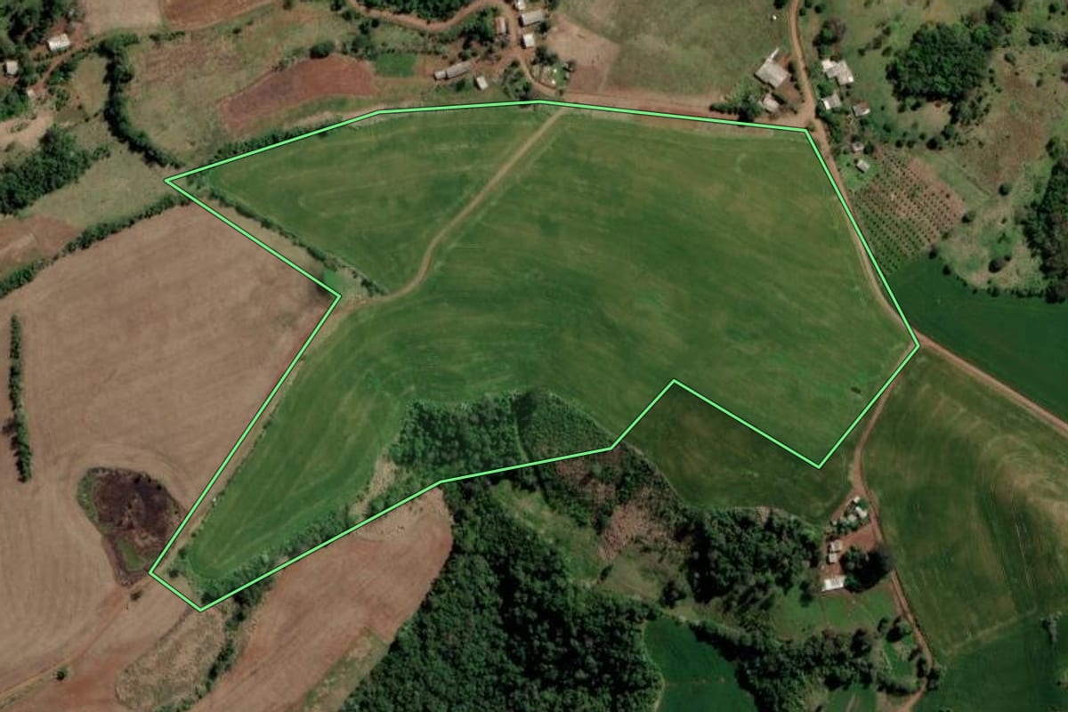Imagem de satélite do imóvel rural em Rio dos Índios (RS), com o contorno declarado no CAR desenhado por cima.