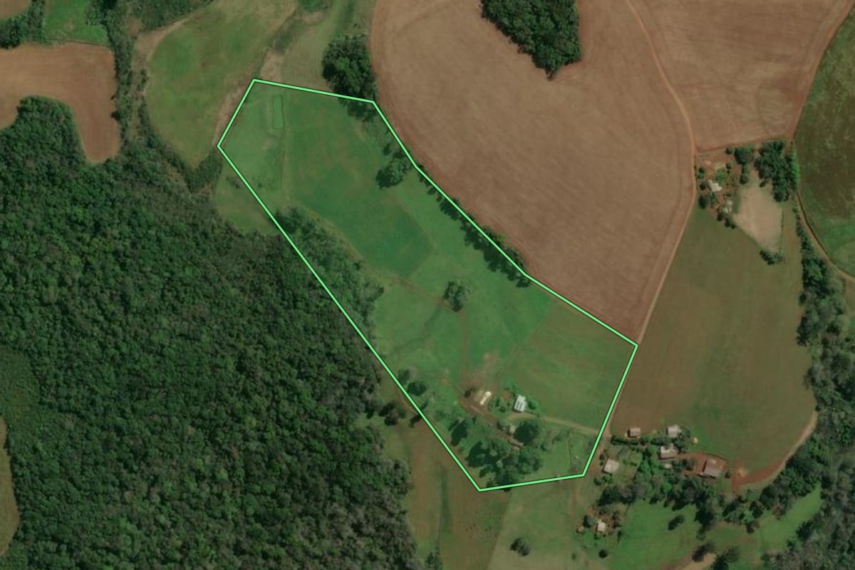 Imagem de satélite do imóvel rural em Rio dos Índios (RS), com o contorno declarado no CAR desenhado por cima.