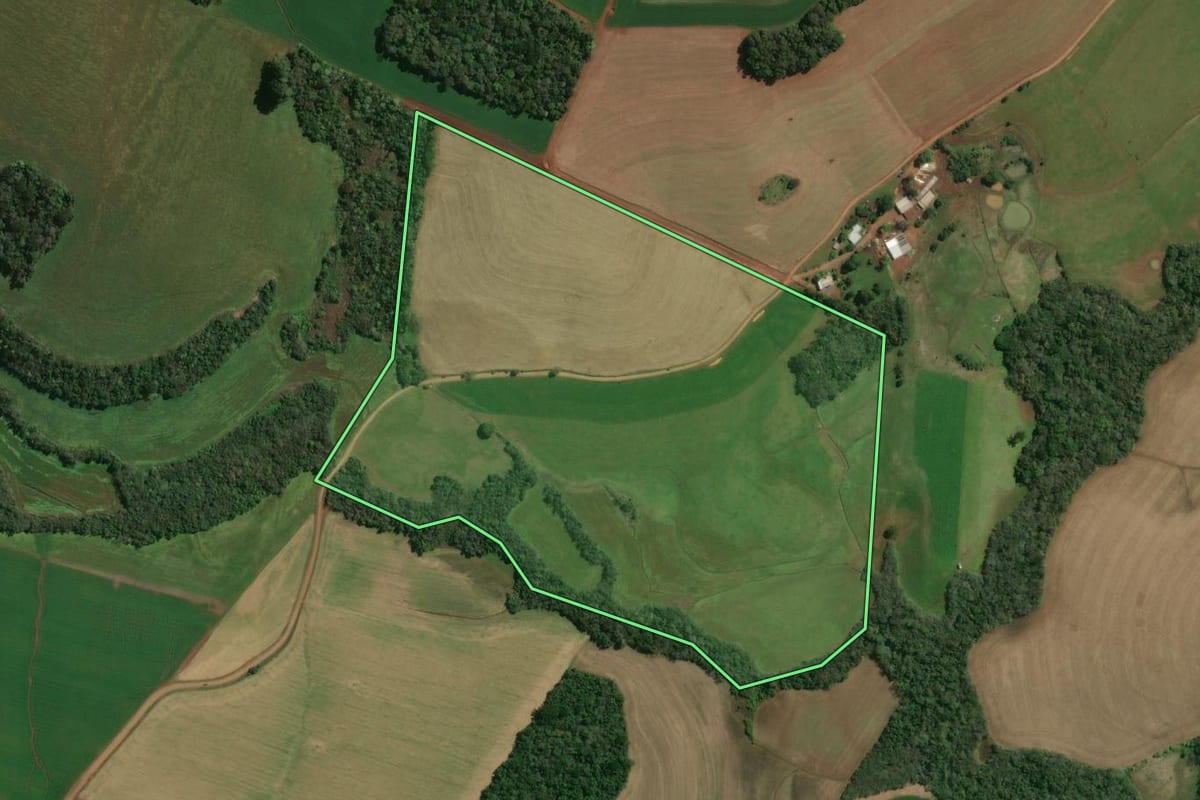 Imagem de satélite do imóvel rural em Rio dos Índios (RS), com o contorno declarado no CAR desenhado por cima.