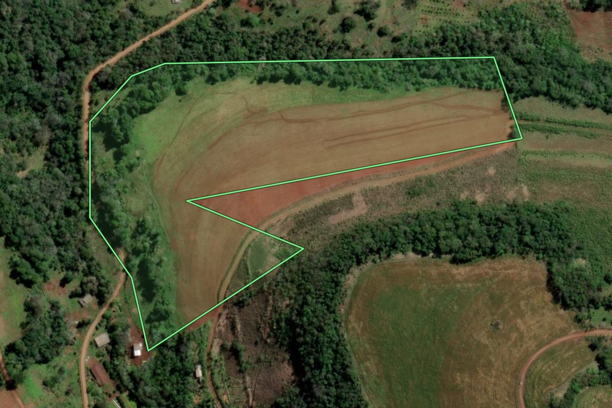 Imagem de satélite do imóvel rural em Rio dos Índios (RS), com o contorno declarado no CAR desenhado por cima.