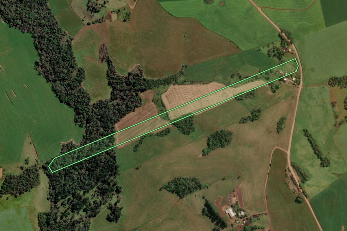 Imagem de satélite do imóvel rural em Rio dos Índios (RS), com o contorno declarado no CAR desenhado por cima.