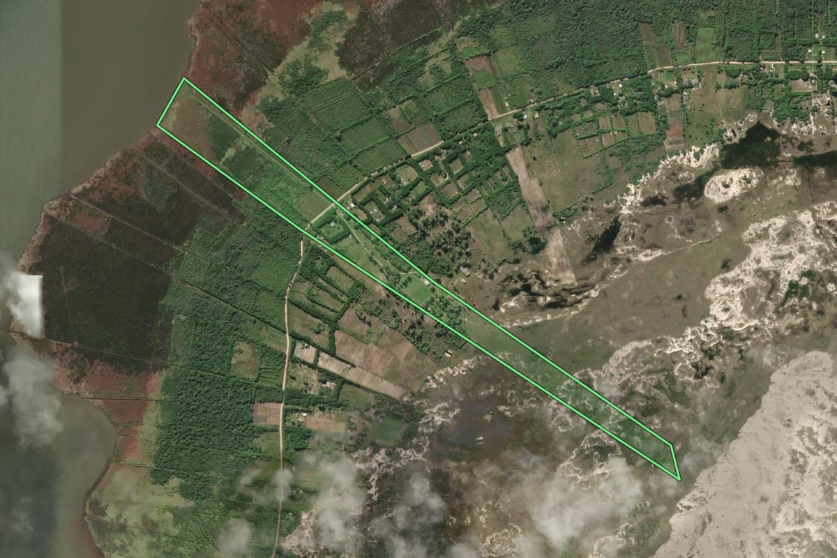 Imagem de satélite do imóvel rural em Rio Grande (RS), com o contorno declarado no CAR desenhado por cima.