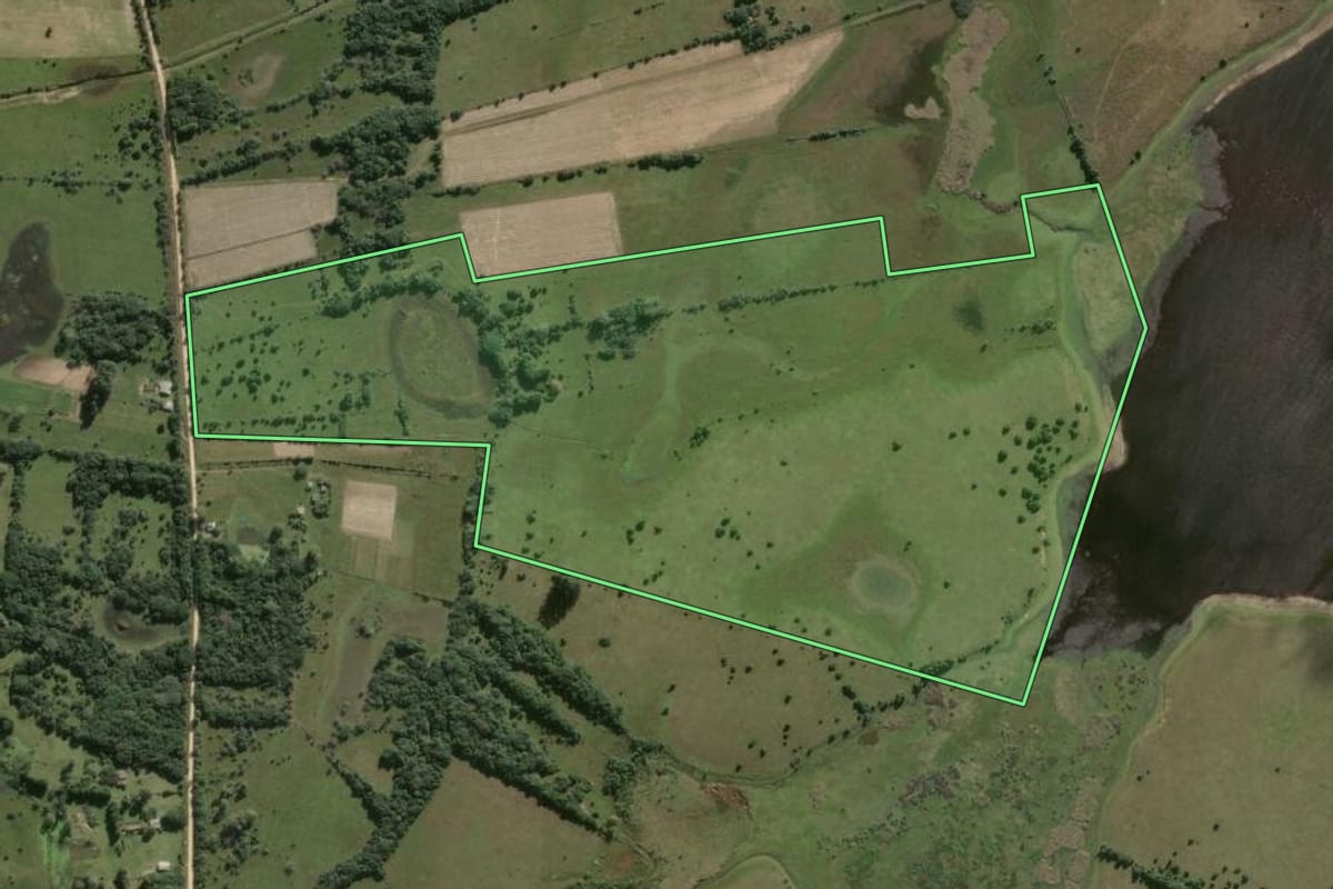 Imagem de satélite do imóvel rural em Rio Grande (RS), com o contorno declarado no CAR desenhado por cima.