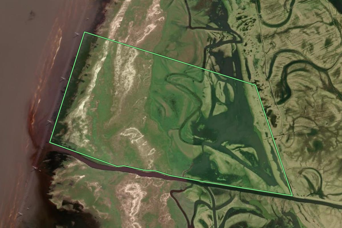 Imagem de satélite do imóvel rural em Rio Grande (RS), com o contorno declarado no CAR desenhado por cima.