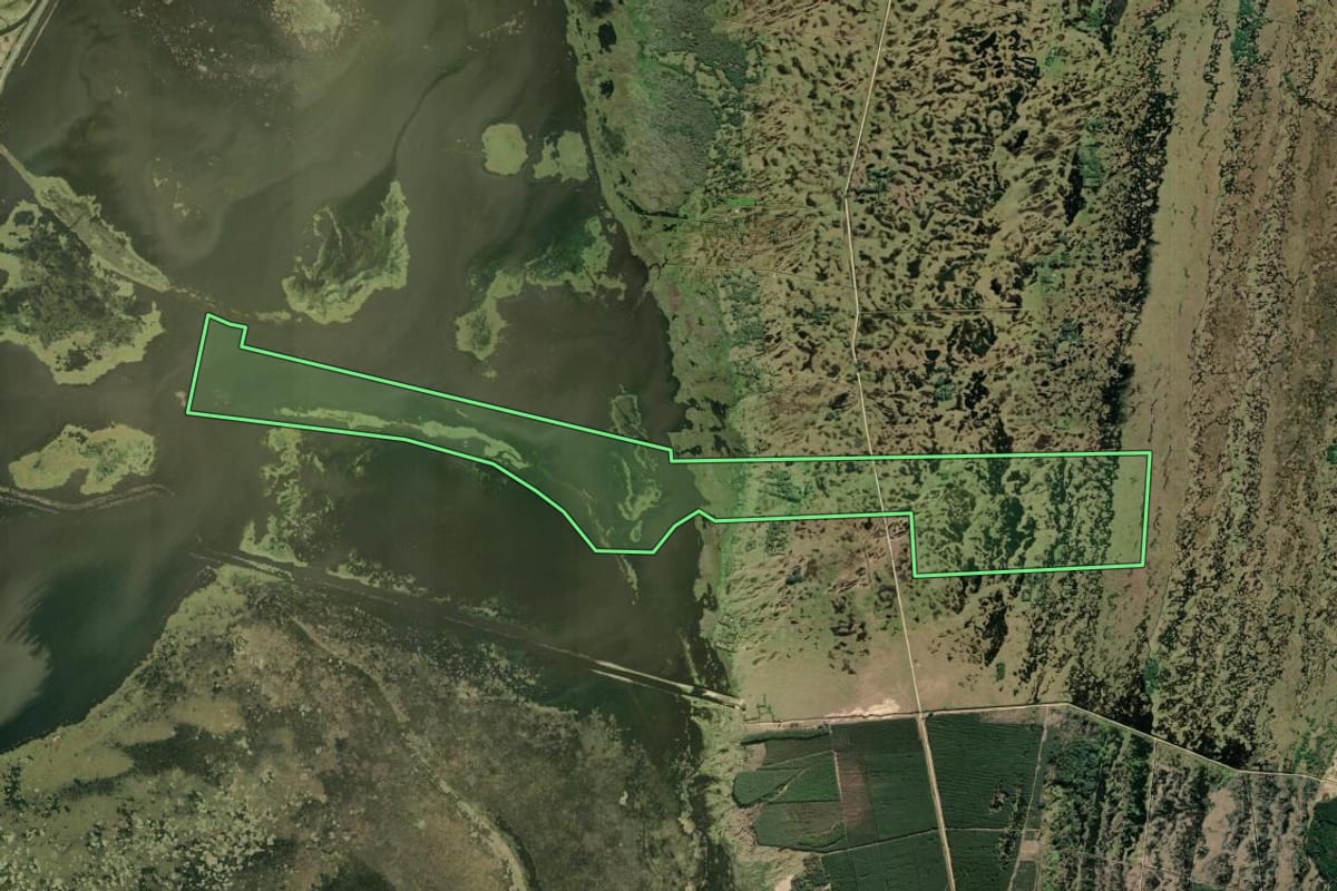 Imagem de satélite do imóvel rural em Rio Grande (RS), com o contorno declarado no CAR desenhado por cima.