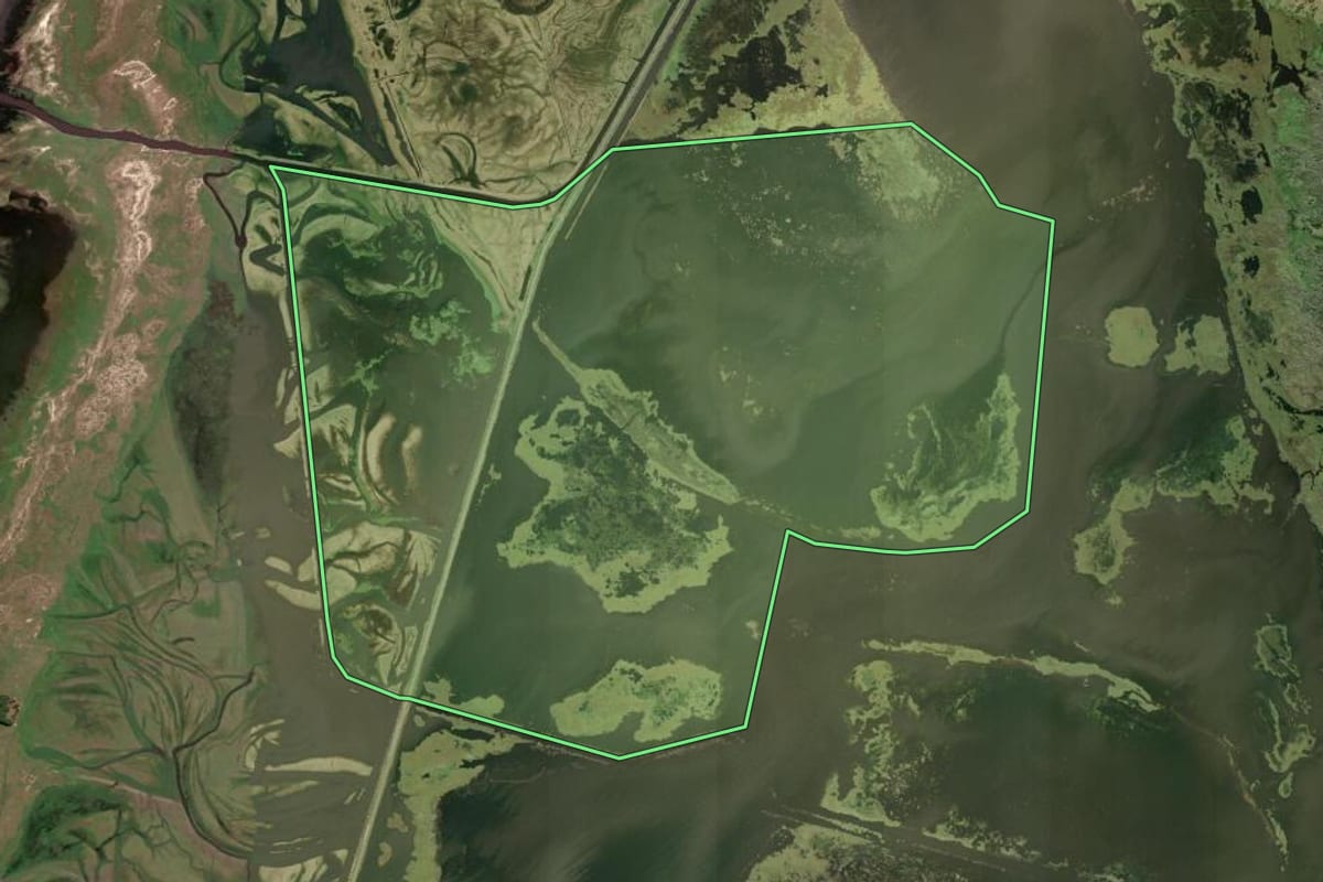 Imagem de satélite do imóvel rural em Rio Grande (RS), com o contorno declarado no CAR desenhado por cima.