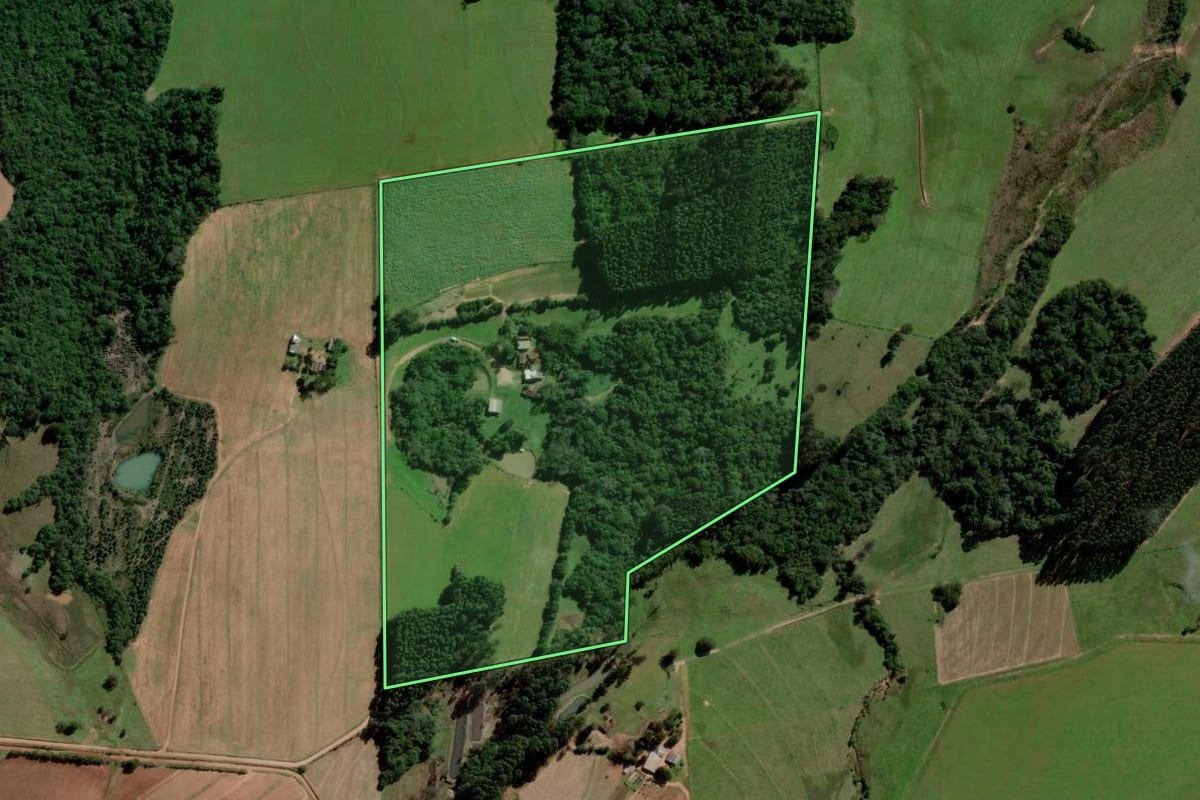 Imagem de satélite do imóvel rural em Rio Pardo (RS), com o contorno declarado no CAR desenhado por cima.