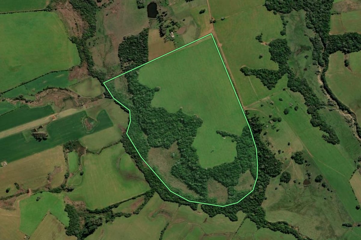Imagem de satélite do imóvel rural em Rio Pardo (RS), com o contorno declarado no CAR desenhado por cima.