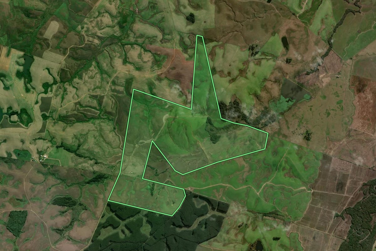 Imagem de satélite do imóvel rural em Rio Pardo (RS), com o contorno declarado no CAR desenhado por cima.