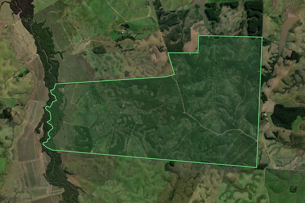 Imagem de satélite do imóvel rural em Rio Pardo (RS), com o contorno declarado no CAR desenhado por cima.