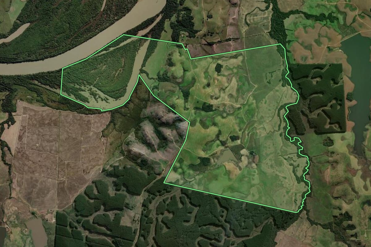 Imagem de satélite do imóvel rural em Rio Pardo (RS), com o contorno declarado no CAR desenhado por cima.