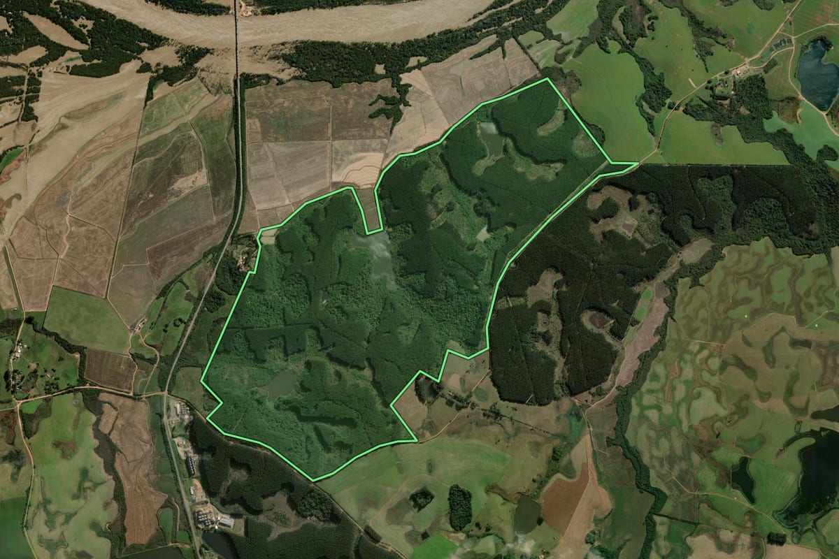 Imagem de satélite do imóvel rural em Rio Pardo (RS), com o contorno declarado no CAR desenhado por cima.