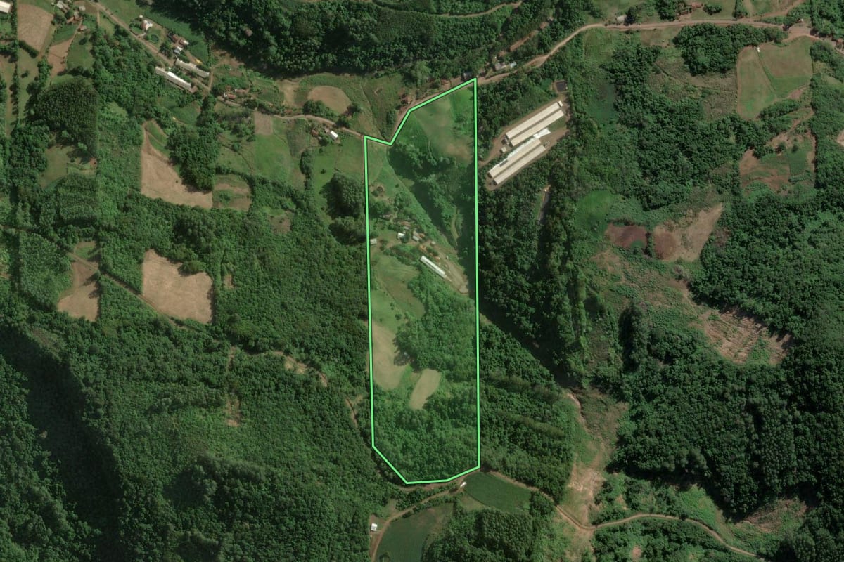 Imagem de satélite do imóvel rural em Roca Sales (RS), com o contorno declarado no CAR desenhado por cima.
